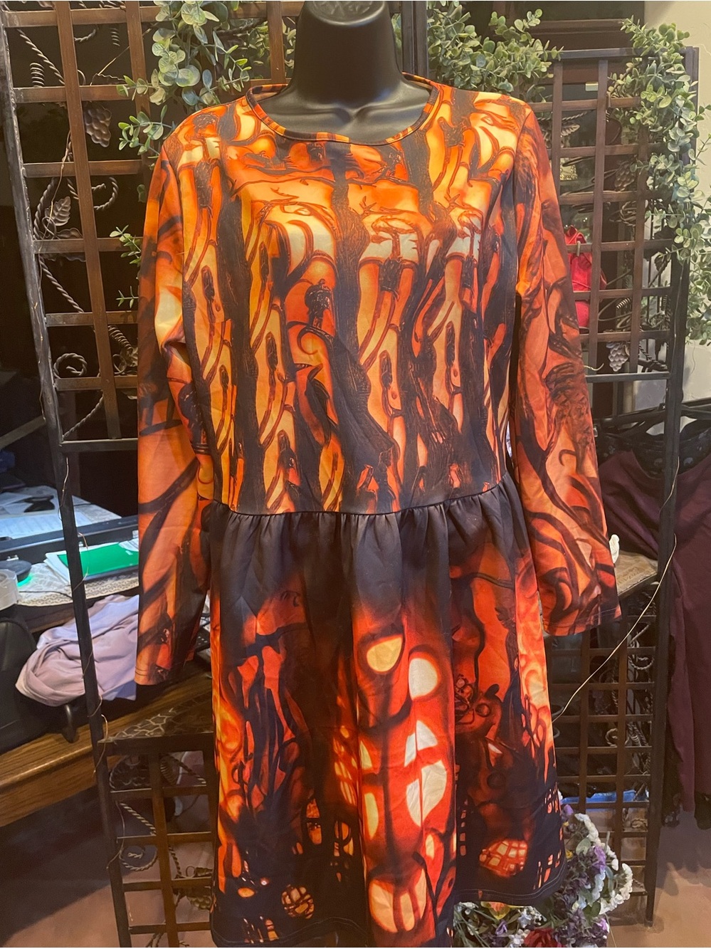 Spooky Haunted Forest & Jack-o'-Lantern All-Over Print Long Sleeve Midi Dress XL